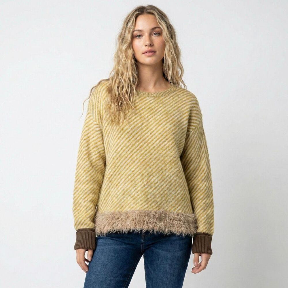 TELA Mustard Striped Faux Fur Trim Mohair Blend Sweater Medium Eclectic Grandpa